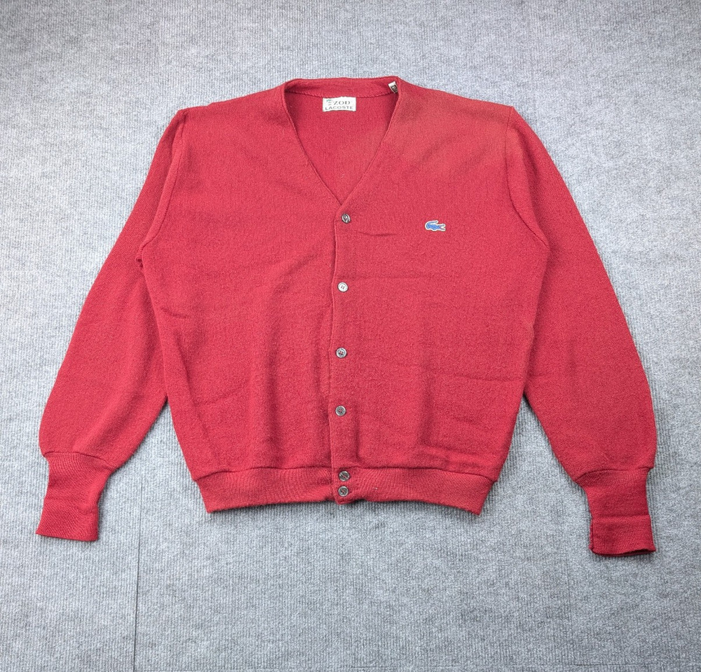 Izod Lacoste Cardigan Men XL Vintage Orlon USA Union Made Red Grandpa Retro Logo